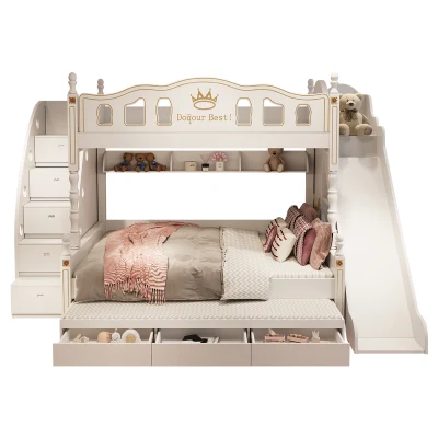 女の子向けの無垢材の高低マザースライド付き二段ベッド