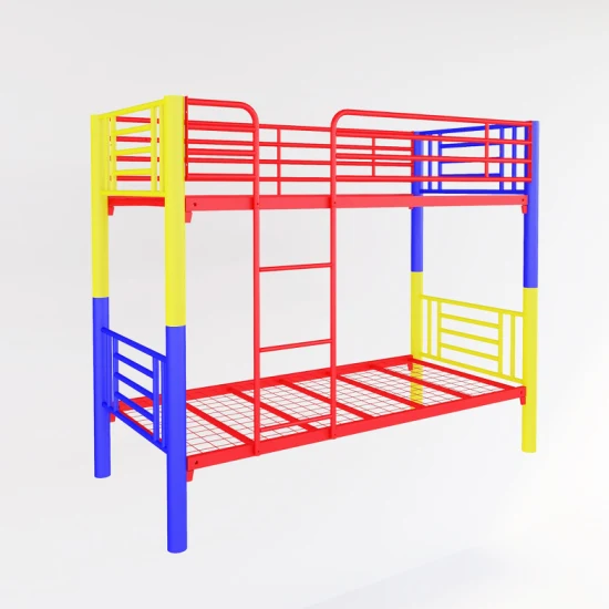 ダブルベッドフレーム、赤、黄、青の金属製の連続梯子と手すりを備えた二段ベッド