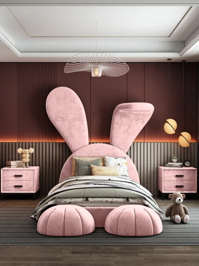 ノヴァピンクウサギデザイン漫画保育園高級子供の寝室のファブリック家具女の子布張りベッド