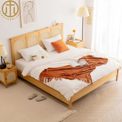寝室用のシンプルなレトロな中国籐無垢材のベッド