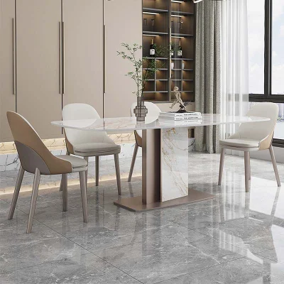 シンプルなデザインの長方形のダイニング テーブル、スチールと石の脚、レストランのキッチン用の椅子付き