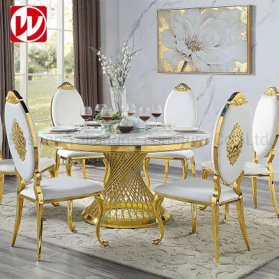 モダンなデザインのダイニング ルーム家具、大理石のダイニング テーブル、ゴールドのステンレス製宴会椅子